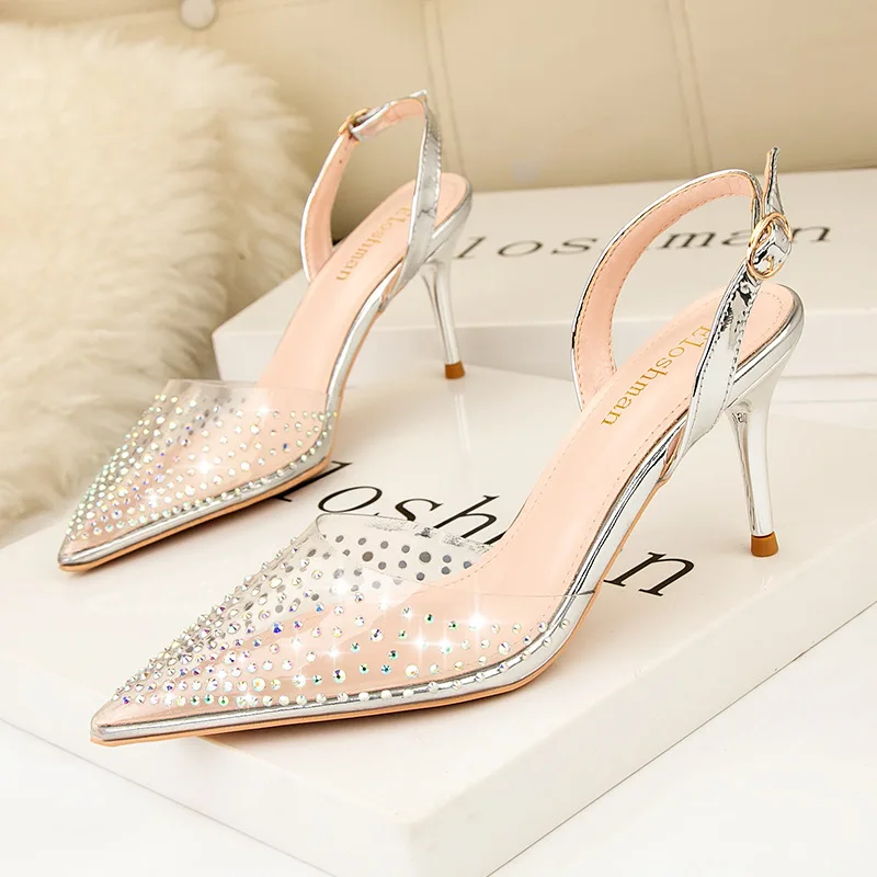 Size 41 Women Sandals 2022 Women Pumps Pointed Shallow High Heels Shoes Transparent Rhinestone Party Weding Sandals Ladyes Sheos