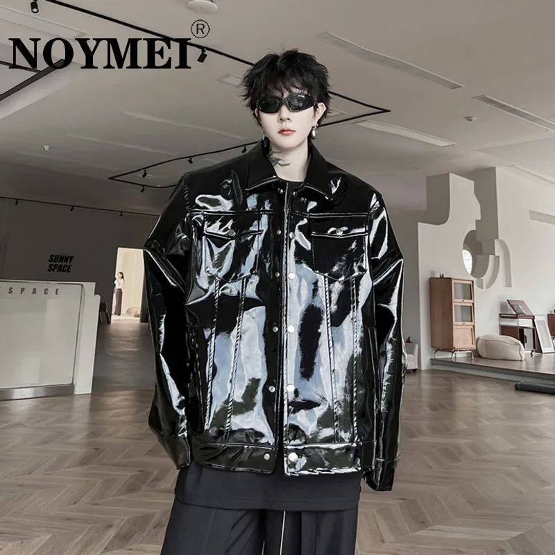 

NOYMEI PU Leather Men's Jacket Metal Design Sense Rock Niche Bright Face Fried Street Top Trendy Black Fashion Autumn WA2406