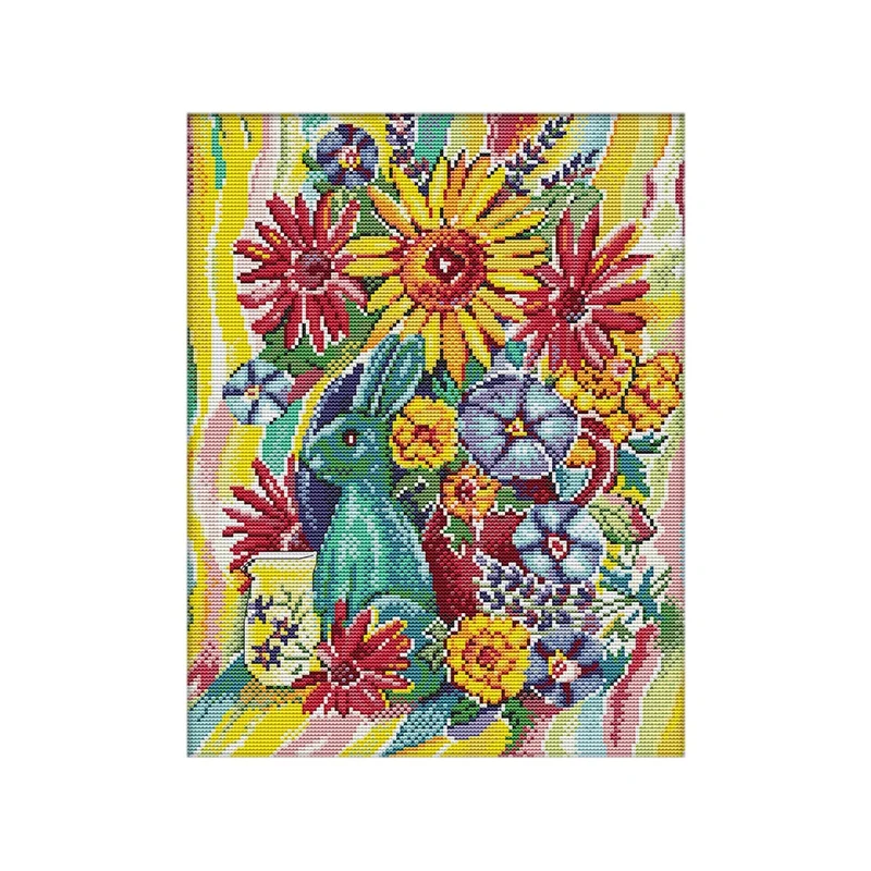 

Bunny And Flowers DIY Art Pattern Cross Stitch Embroidery 11CT Fabric Needle Thread Kits Children's Room Decor