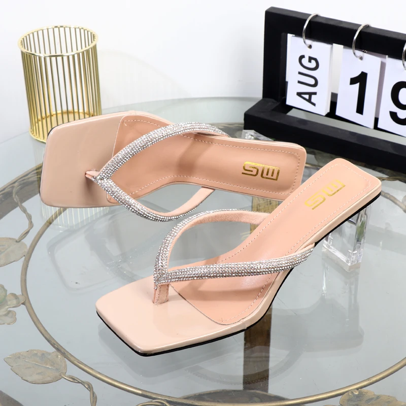 Women's shoes 2022 summer online celebrity square rhinestone high-heeled sandals transparent slippers with thick heels plus size