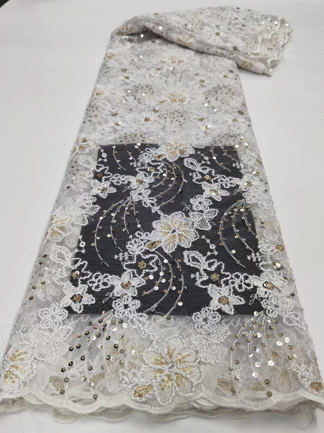 

African Lace Fabrics With Sequins Embroidery For Women Party Dresses Brocade White Tulle Mesh Lace Fabric By The Meter 5 Yards