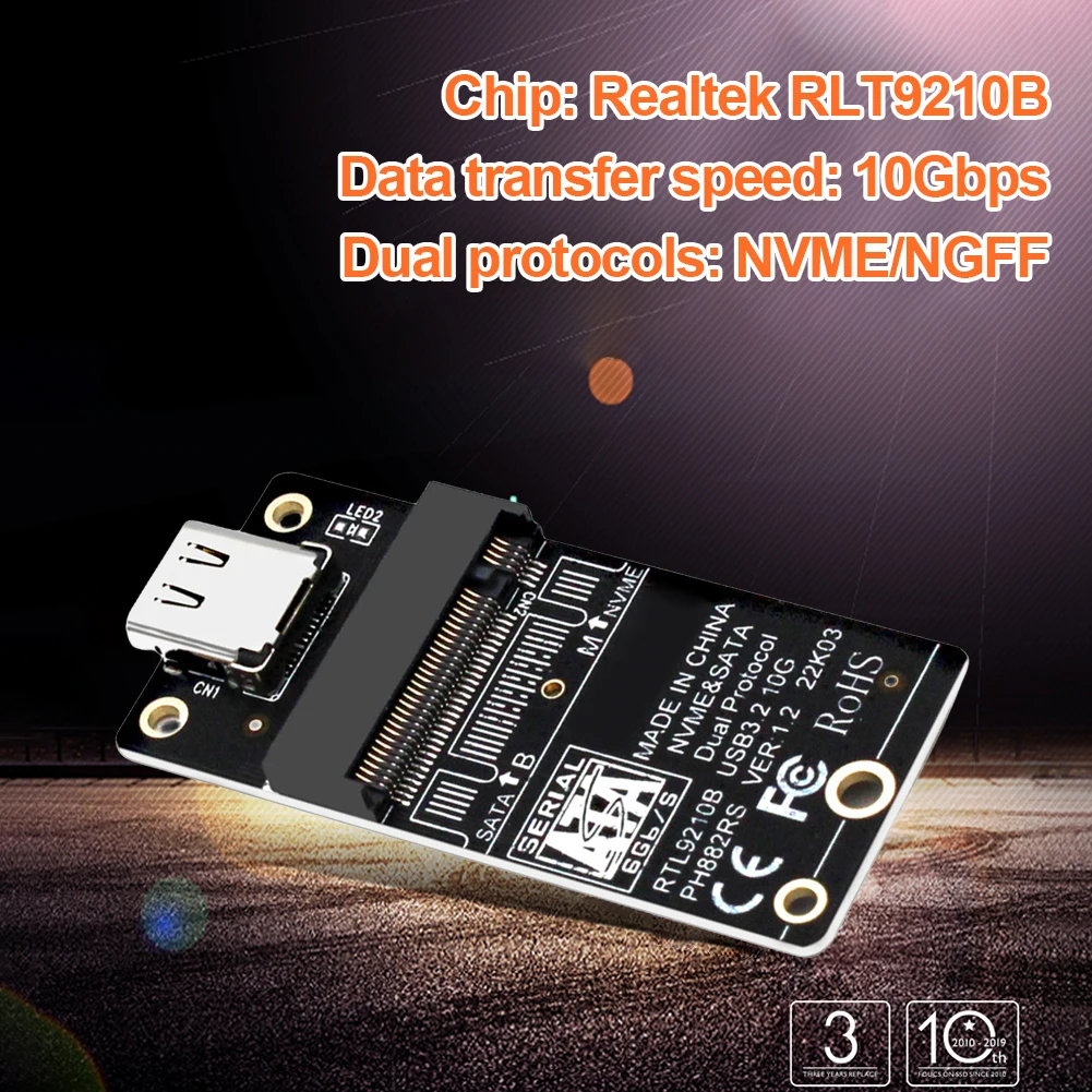 

NVME NGFF SSD To USB C Riser Board Gen2 10Gbps SSD Converter Dual-Protocol Hard Disk Box Converter for M.2 SSD 2230/42/60/80