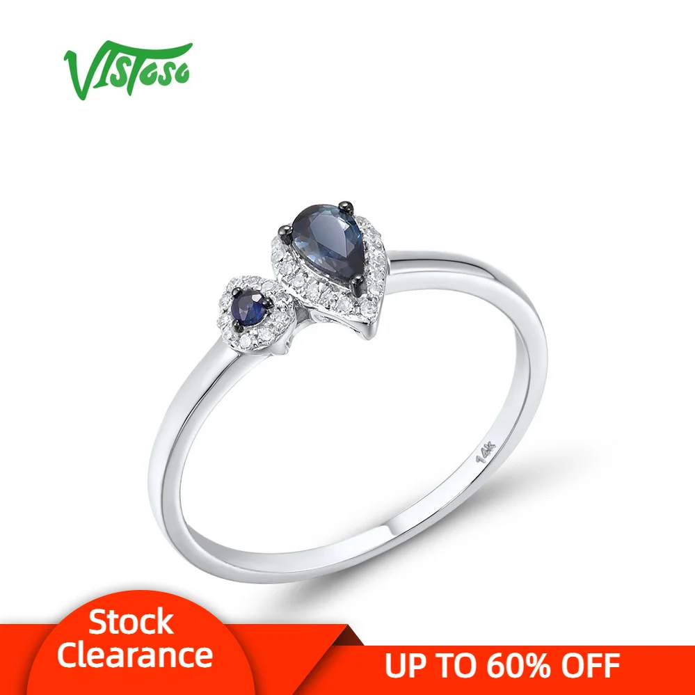 

VISTOSO Genuine 14K 585 White Gold Rings For Women Sparkling Blue Sapphire Diamond Rings Simple Style Dainty Trendy Fine Jewelry