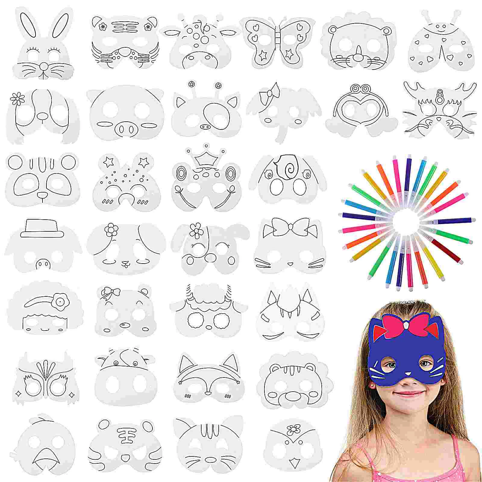 

1 Set Animal Stickers For Kids Cosplay Masks DIY Unpainted Masks Women Carnival Mask Blank Mask Props with Pens Sample Pictures