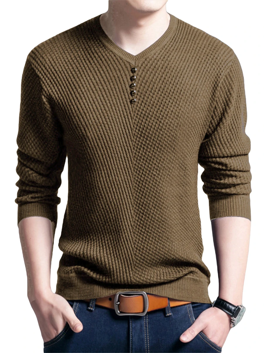 

Men\u2019 s Sweater, Solid Color V-Neck Long Sleeve Knitwear with Buttons Winter Outfit for Adults, M/L/XL/XXL/XXXL