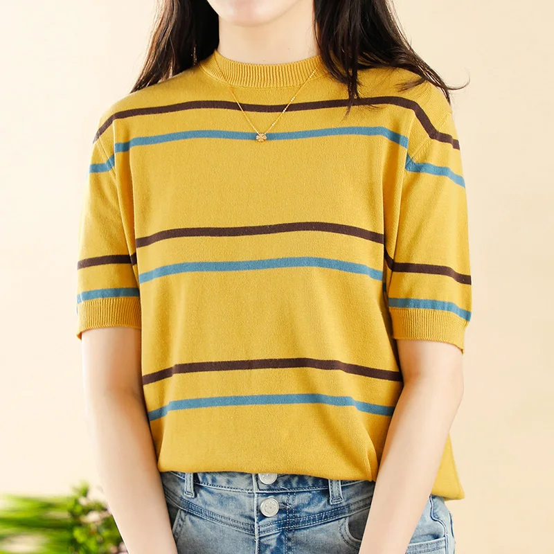 

Summer new striped cotton short-sleeved sweater women's round neck pullover temperament mid-sleeve bottoming T-shirt top
