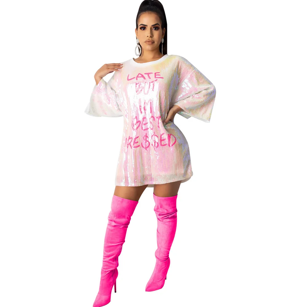 

Echoine Summer Sequin Letter Tshirt Dress Women