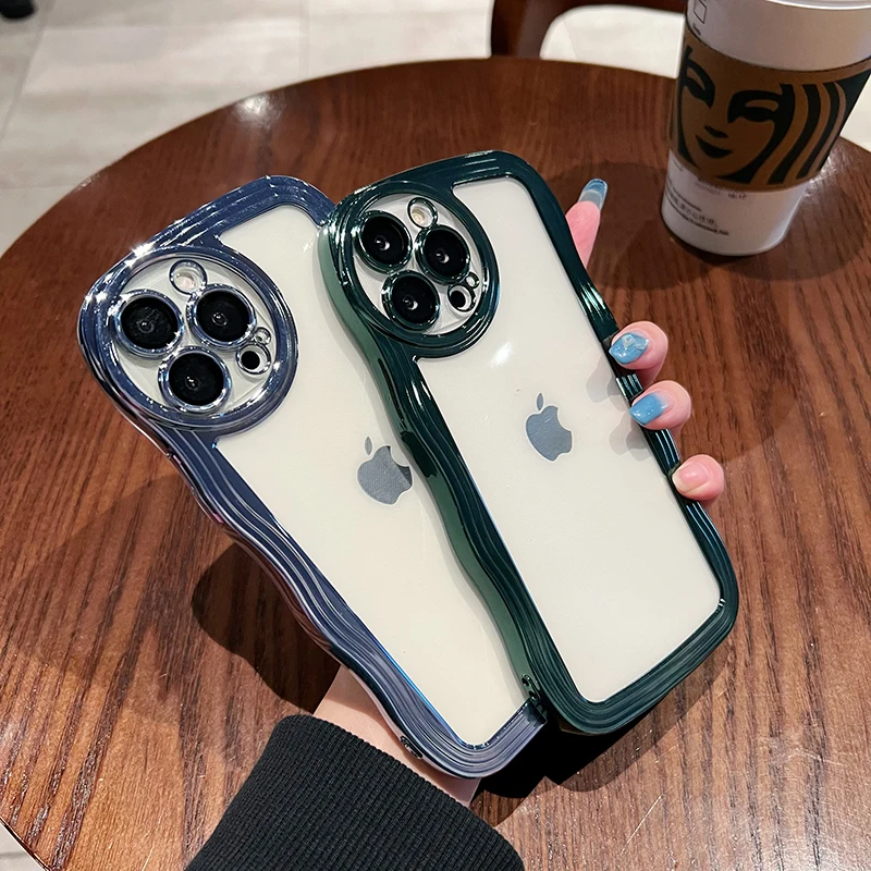 

Чехол для телефона с гальваническим волнообразным краем для iPhone 14 Pro Max 11 12 13 X XS Max, защита объектива, Прозрачная мягкая задняя крышка