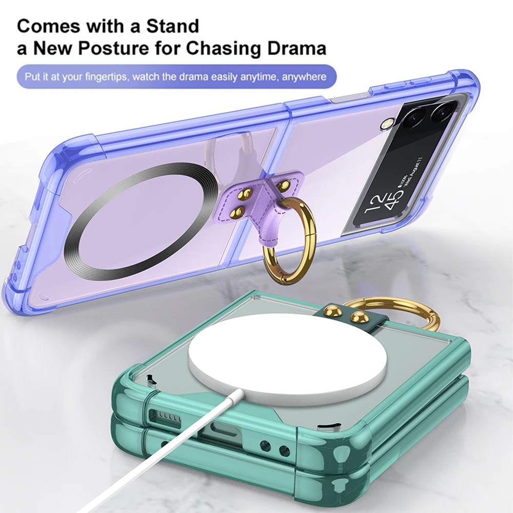 Electroplating Magnetic Case For Samsung ZFlip4 Transparent Wireless Fast Charging For Samsung W23 Flip Magnetic Ring Bracket