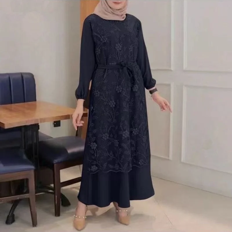 

Мусульманское модное женское платье с круглым вырезом, кружевное, с длинными рукавами, абайя, кафтан, марокканская Турция, талия, свободное, ...
