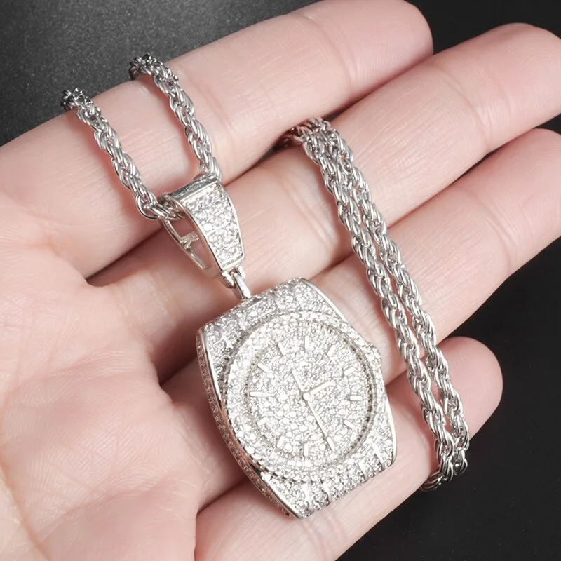 

Aaa Cz Stones Bling Iced Out Watch Charm Hip Hop Dial Necklace Statement Men's Cool Rock Party Jewelry Gift