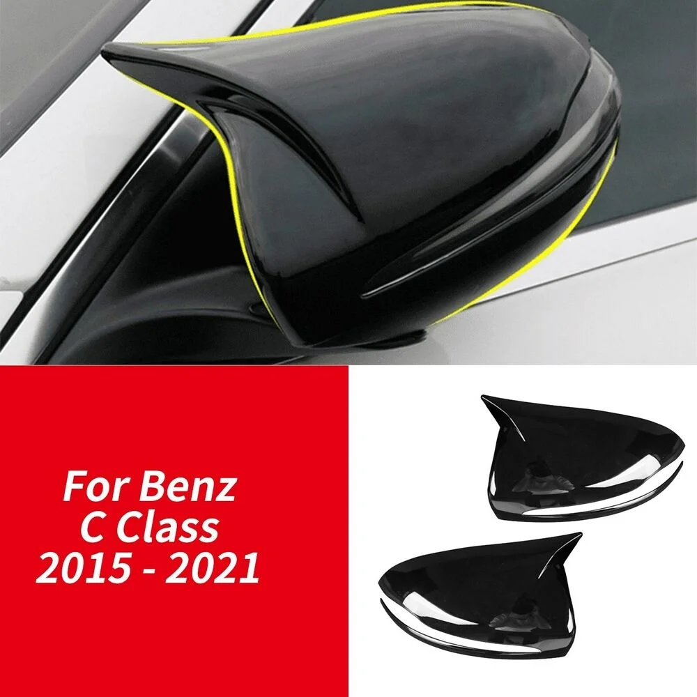

2PC Bright Black Ox Horn Rear View Side Door Mirror Cover For C-Class Benz 15-21