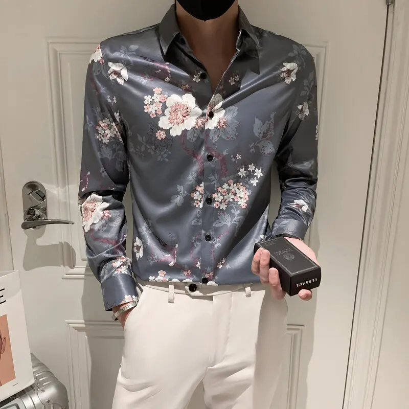 Floral Print Shirts for Me's 2021 Autumn Long Sleeve Casual Slim Fit Shirt Business Dress Shirts Tops Social Party Chemise Homme