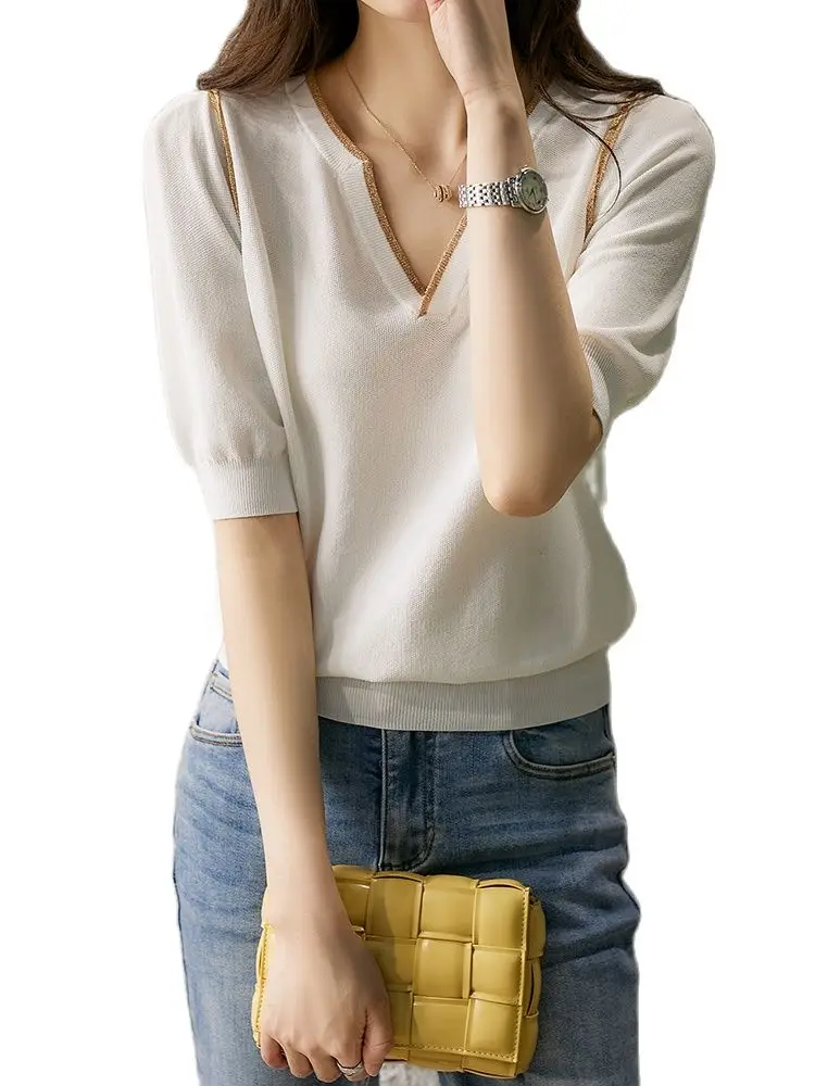 

All-match knitted sweater 2022 spring and summer gold silk V-neck loose short-sleeved knitted top fashion women's clothing