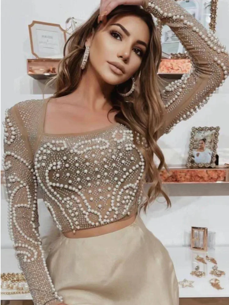 

New Arrival 2022 Women Sexy Designer Sparkly Beading Lace Mesh Long Sleeve T-Shirts Ladies Celebrity Tees Tops Skirt Suits