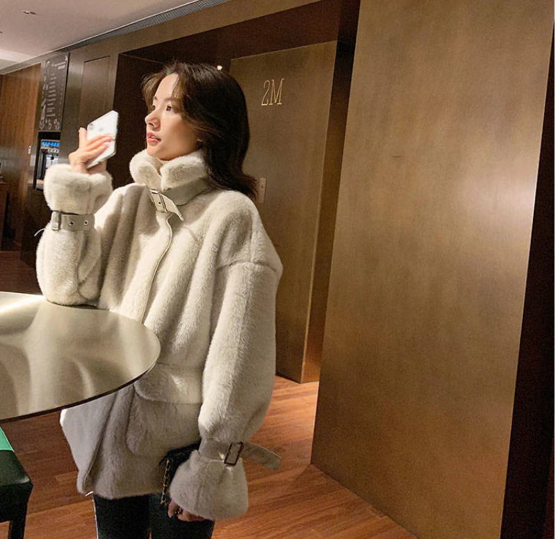 Fur Tops Korean Fashion Pure Color Casual Fluffy Rabbit Fur Mink Short  Faux Fur Coat Women Flared Sleeves Winter Plush Sweater