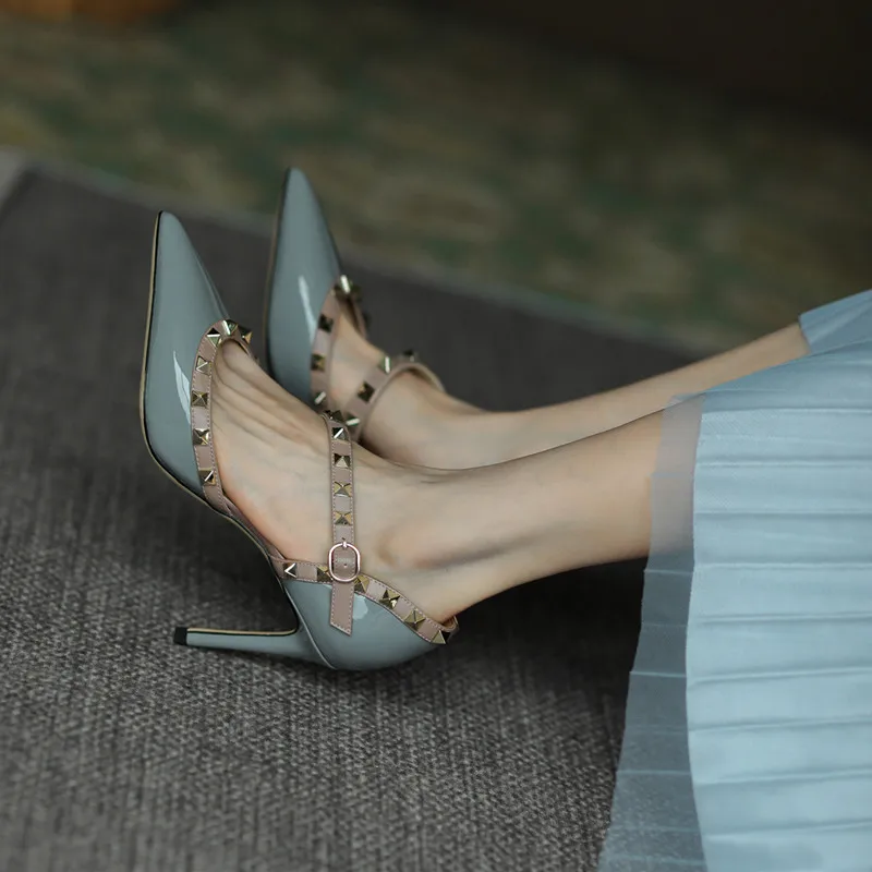 Luxury Designer Women's Shoes Rivet Sandals Real Leather High Heels Summer Classic Pumps 6cm 8cm 10cm Thin Heel Party Shoes 41