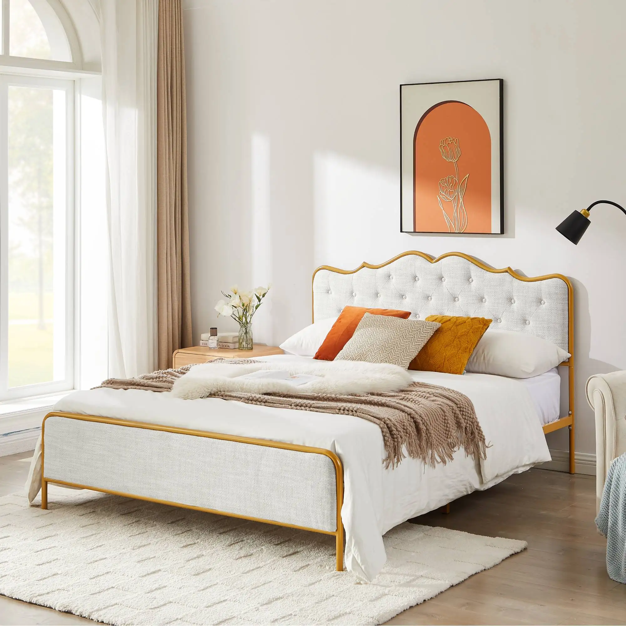 With Sponge Soft Bag, Classic Buckle Backrest And Solid Wood Ribs, Comfortable And Elegant Atmospher