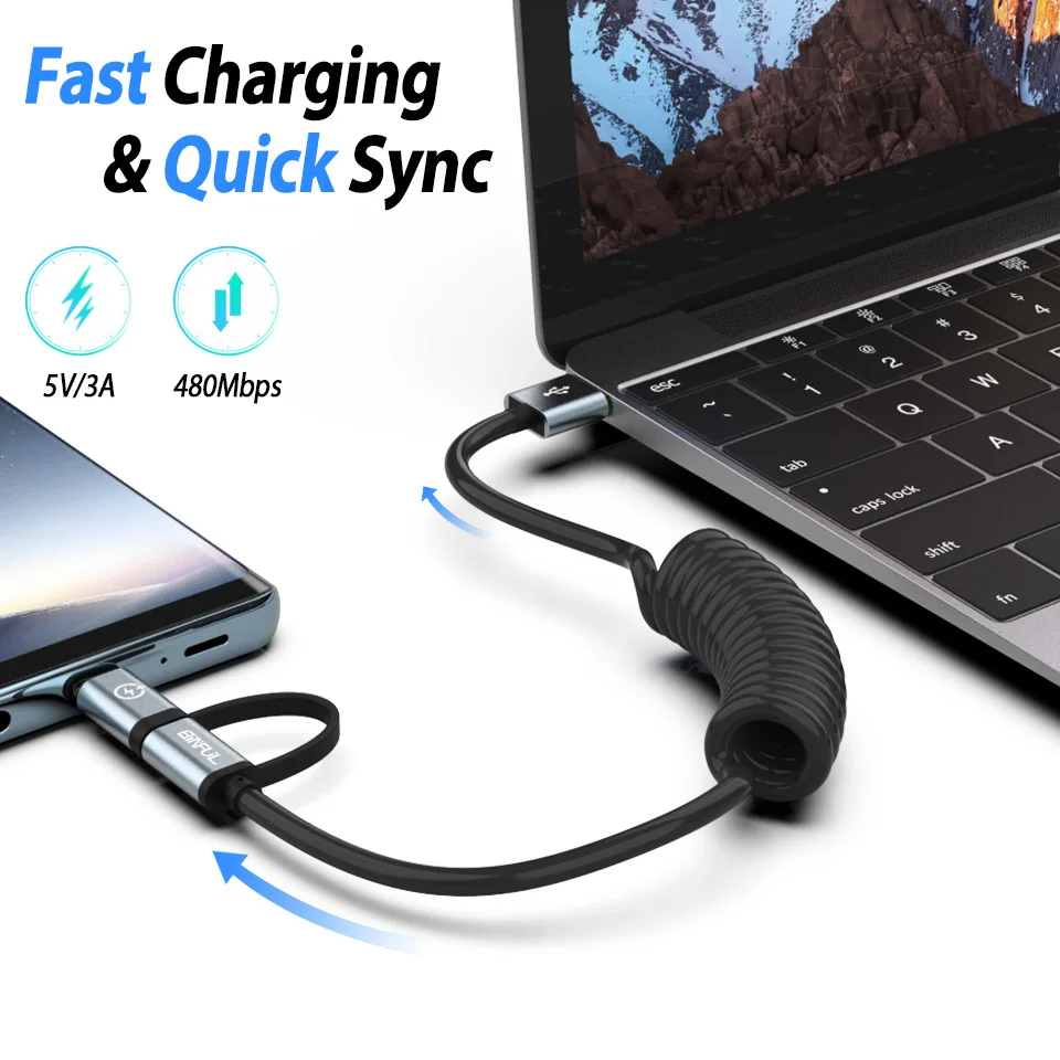 USB-кабель для передачи данных 2 в 1 портативный с пружиной Micro USB Тип C быстрая