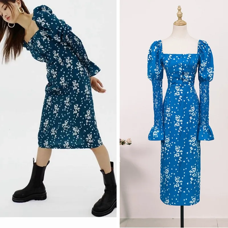 Square Neck Floral Dress 2023 Summer Blue Chiffon Long Dress Bell Sleeve One Step Dress