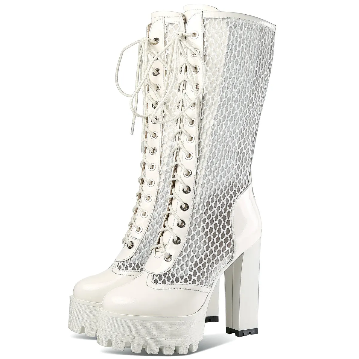 Summer Platform Pumps Shoes Women Lace Up Genuine Leather High Boots Female Round Toe High Heel Gladiator Sandals Casual Shoes