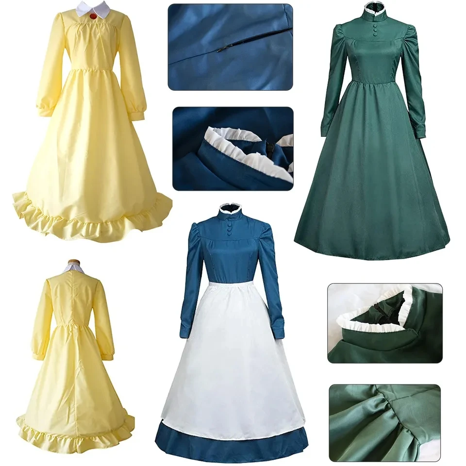 

Костюм для косплея по мотивам аниме «хоющий движущийся замок», платье Софи Хаттер, униформа голубого желтого и зеленого цветов для женщин на Хэллоуин