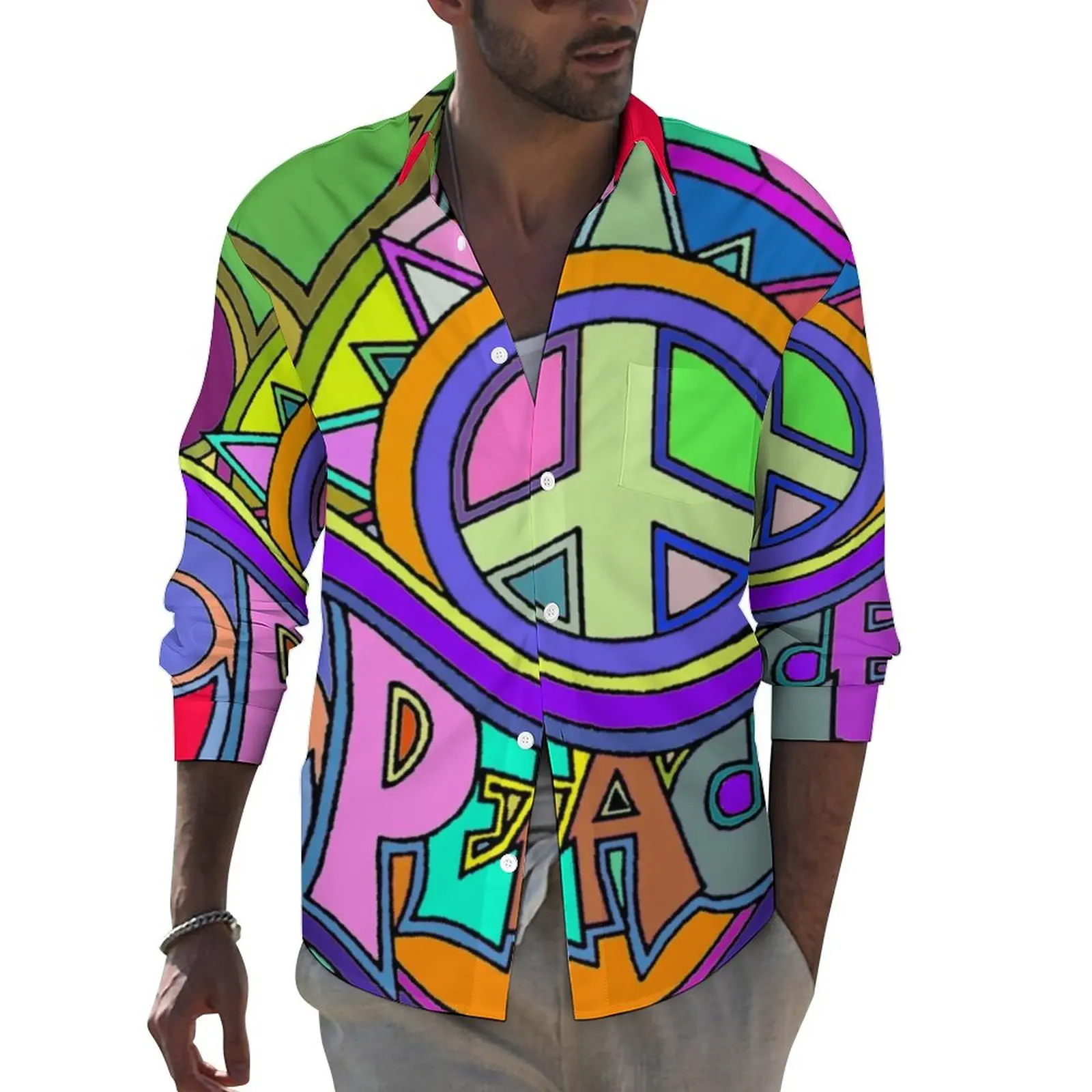 

Colorful Peace Casual Shirts Men Trippy Hippy Art Shirt Long Sleeve Vintage Y2K Blouses Autumn Graphic Tops Big Size 3XL 4XL