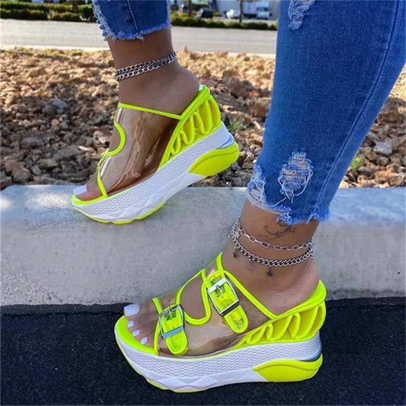 

Women Transparent Sandals Ladies Platform Wedges Casual Double Buckle Straps Outside Shoes Fashion Hollow Slippers