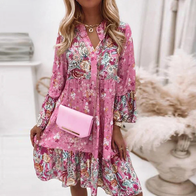 

Harajuku Floral Printing Dress Women Casual Loose Mujers Fashion V-Neck Ruffle Min Dresses Lady Elegant Flare Sleeve Beach Dress