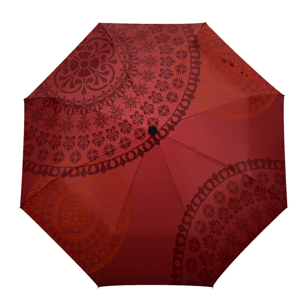 

Pattern Circle Decoration Flower Red Totem Custom Automatic Umbrellas for Women Male Windproof Folding Rain Umbrella Parasol