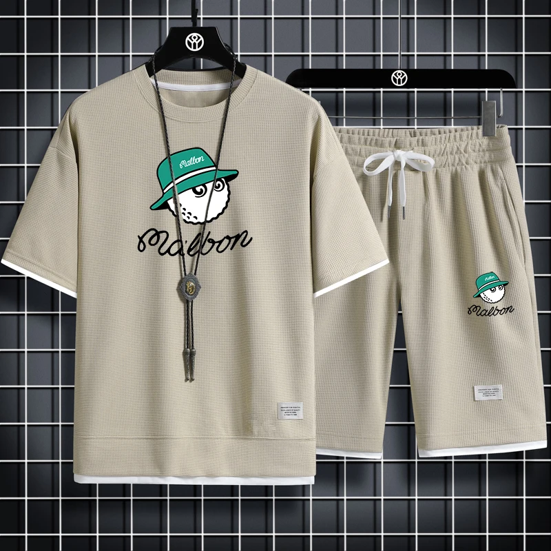 2023 Summer Men's Two Piece Set Linen Fabric Casual T-Shirt and Shorts Set Mens Sports Suit Fashion Short Sleeve Tracksuit golf