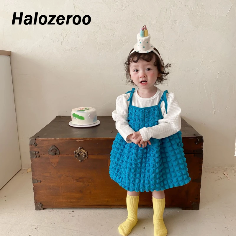 

Spring Baby Girls Clothing Sets Children Clothes Toddler Puff Sleeve Kids Suit Clothes Suspender Dress Sweet Skirt Blue Outfits