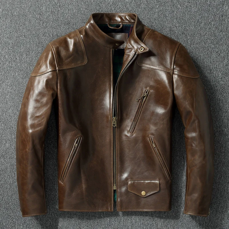 

2023 Style RL Top Layer Oil Waxed Cowhide Real Leather Jacket Men Stand Collar Brown Motorcycle Coat Men's Biker Jacket