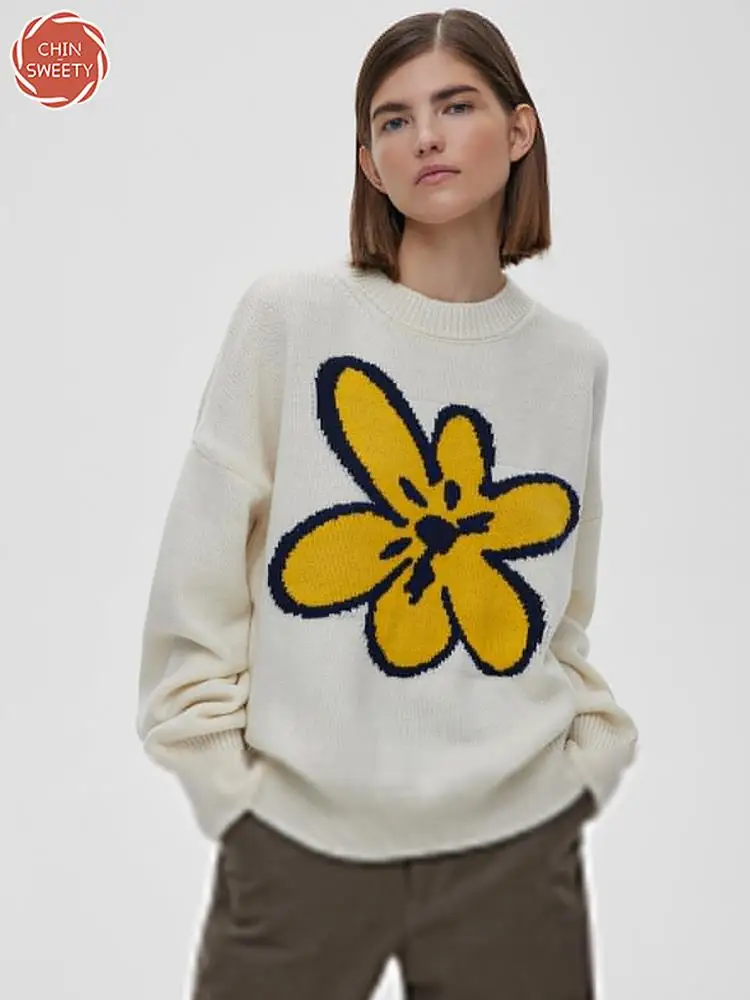 

Женский кашемировый свитер с цветочным принтом, на осень/зиму