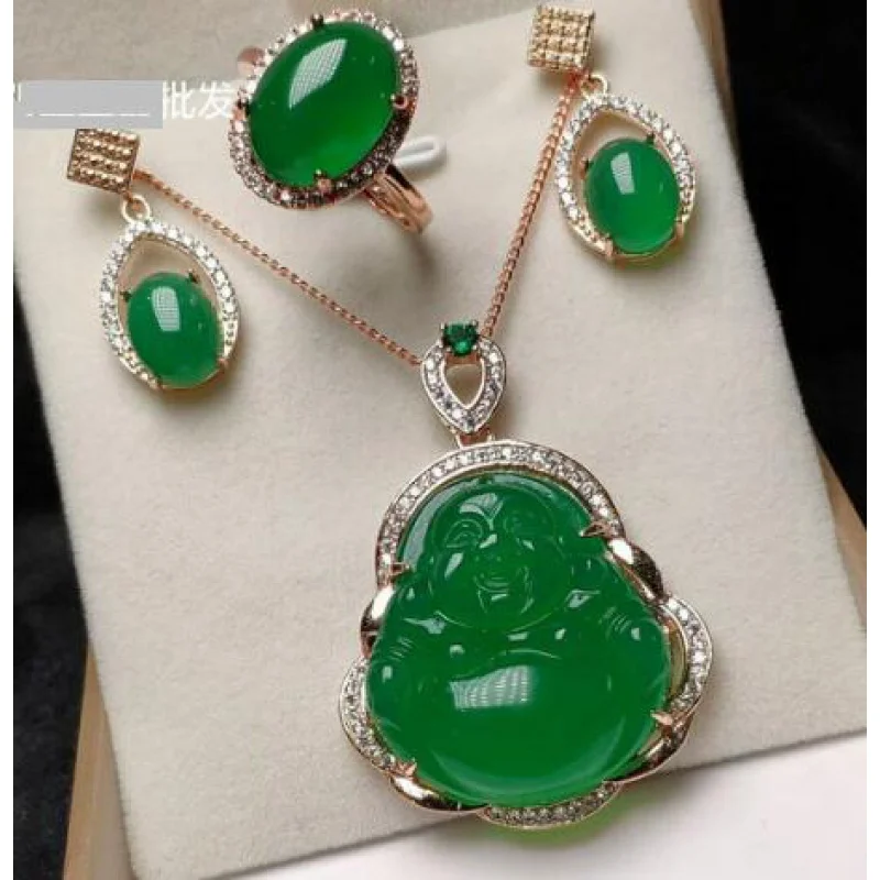 

green pink chalcedony agate jade Buddhism earring pendant ring set rhinestone Zircon crystal gem Jewellery