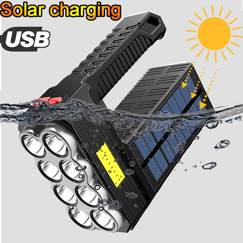 

USB/Solar High Power Led Flashlights 8Led Portable Lantern Outdoor Torch Spotlight Emergency Multifunctional Tactical Flashlight