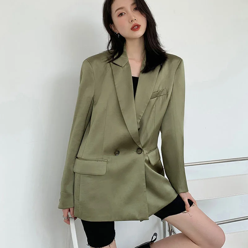 

2022 Spring Autumn New Green Thin Blazers Coat Women Double-breasted Lapels Long Sleeve Slim Female Suit Jackets Chaqueta Mujer