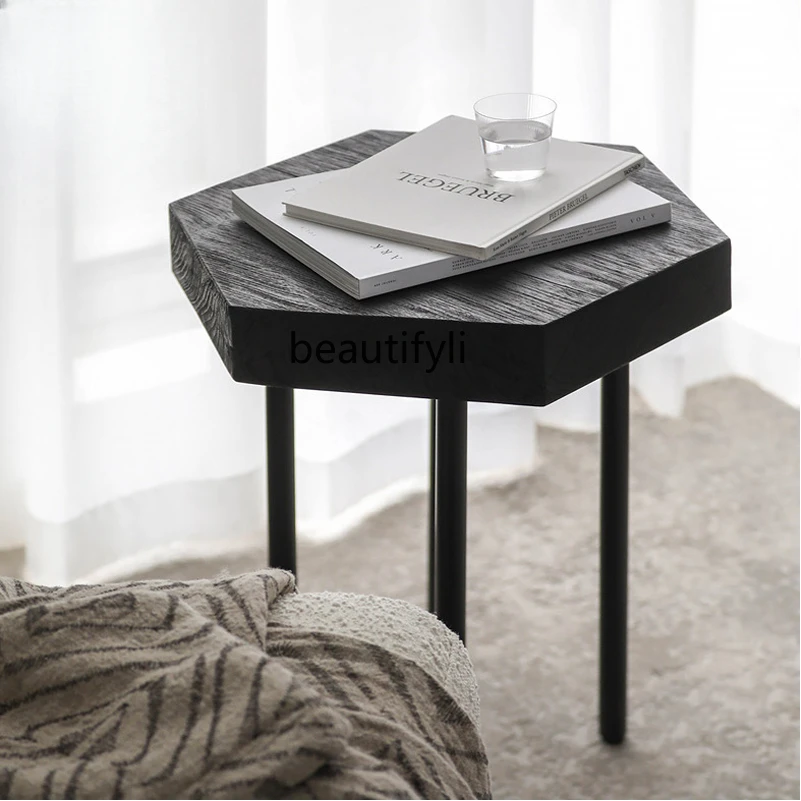 Скандинавский черный боковой столик из массива дерева 0 5 м японский шестигранный