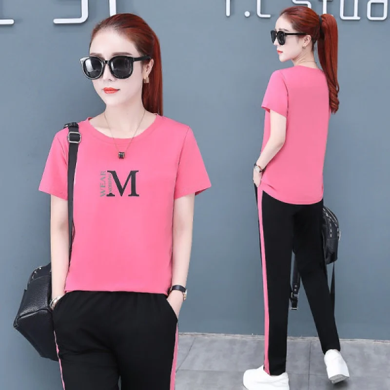 

621#Sports Suit Female Summer2022New Korean Style Loose Large Size Short-Sleeved Trousers Casual Running Clothes Two-Piece Set