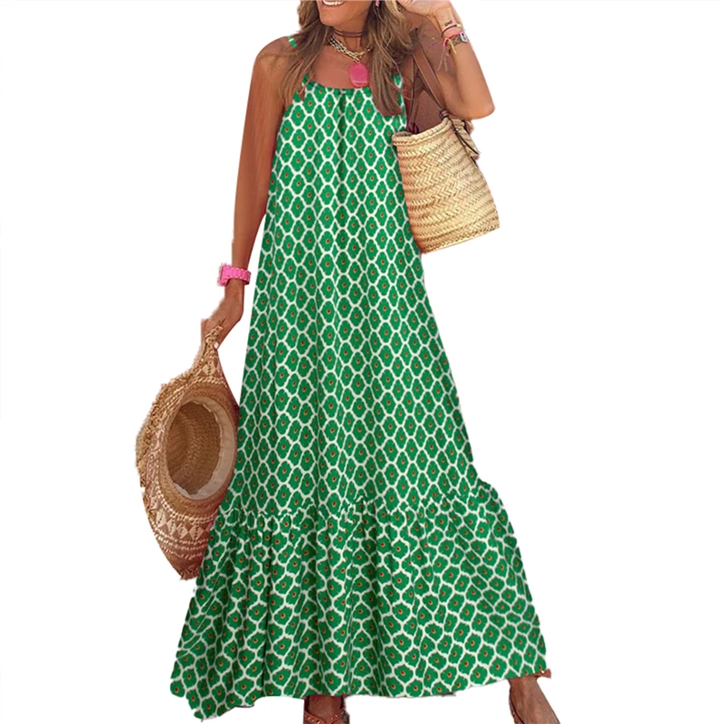 

Bohemain Dress Summer Women Floral Print Square Collar Spaghetti Strap Sleeveless Long Dresses Beach Party Dresses Clubwear