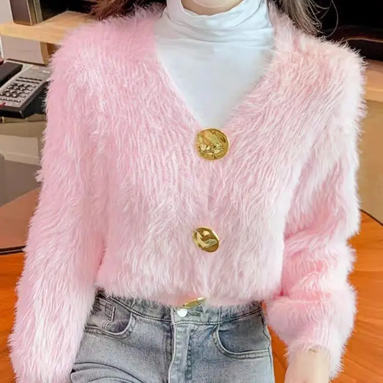 Женская норковая короткая куртка-свитер с v-образным вырезом вязаный кардиган