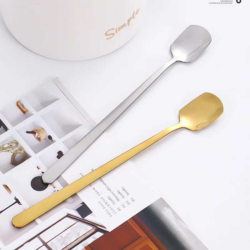 

Stainless Steel Spoon Creative Square Head Dessert Coffee Stirring Spoon Household Cutlery Golden Long-handled Spoon Soup Spoon