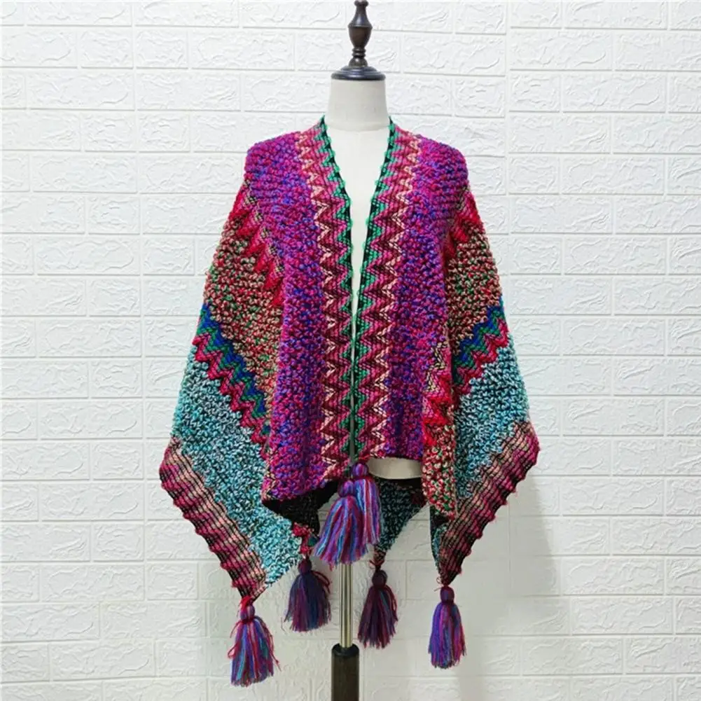 

Шикарная зимняя накидка, полосатые эластичные женские накидки, богемное женское пончо с кисточками