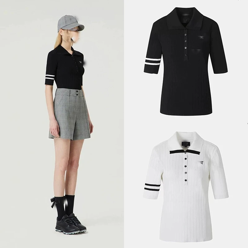 

New Korean Original Golf Uniform Women's Summer Polo half buckle Slim Versatile Knit Short Sleeves