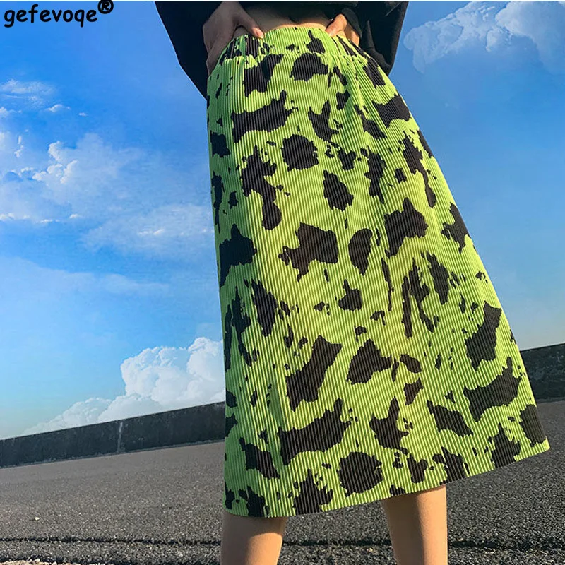 Contrast Color Fluorescent Green Leopard Print Skirt Women's Spring Summer Pleated Straight Tube Slim High Waist A-line Skirts