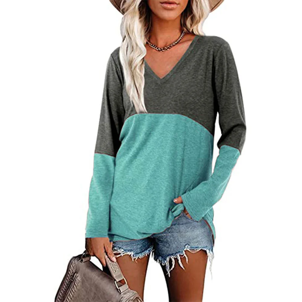 Купи Lady V-Neck Long Sleeve Loose Patchwork Print T-Shirt Spring Autumn Casual Fashion Tops 2022 Women Comfortable Pullovers T-Shirt за 553 рублей в магазине AliExpress