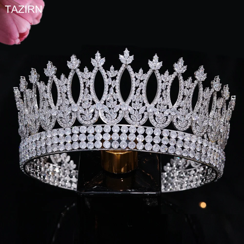 Фото TAZIRN полностью кубический цирконий, свадебные большие круглые короны и диадемы, головной убор принцессы и королевы с цирконием, аксессуары для волос, подарок для женщин №1