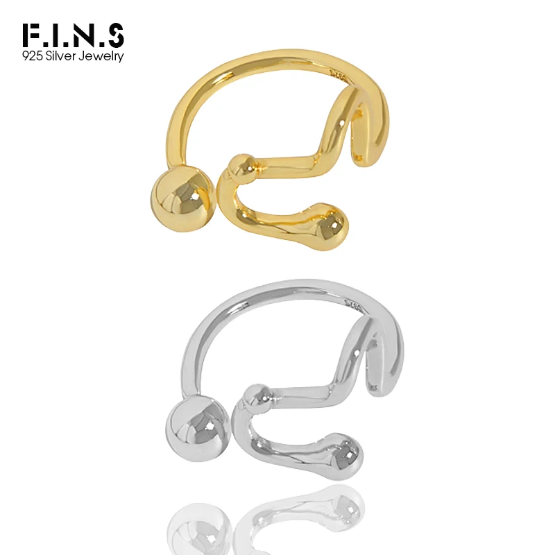 

F.I.N.S Minimalist Smooth S925 Sterling Silver Gold Irregular Lines Round Bead Open Adjustable Ring Resizable Glossy Fine Jewel