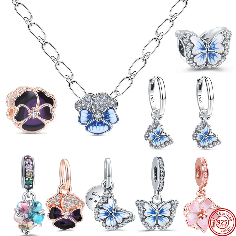 

Spring 925 Sterling Silver Flower Butterfly Sparkling Charm Bead Fit Original Brand Necklace Earrings DIY For Women Jewelry Gi