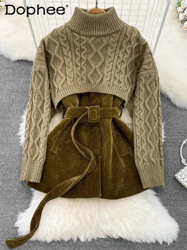 

Fashion Thicken Sweater Turtleneck Belt Dress Women's Loose V-neck Long Sleeve Dresses Two Pic Suits 2022 Winter